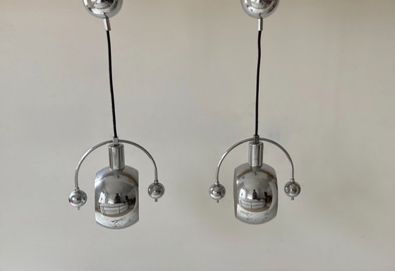 Image 1 of Coppia di lampade a sospensione vintage, metallo cromato, Francia 1960