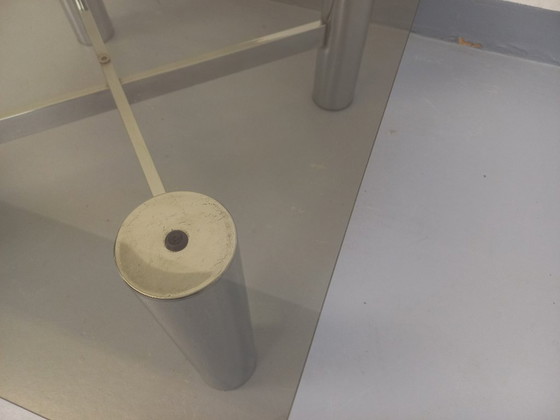 Image 1 of Vintage Italian square Space Age coffee table in smoked glass and chrome metal from the 1970s