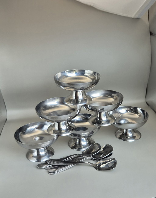 Vintage Dessert Set - 6 Metalen IJsbekers + Lepels in Originele Doos (jaren 1950-70)