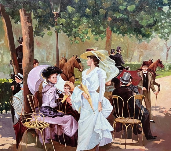 "Nel parco" Dipinto a olio belga firmato., Dipinti e disegni, Tela, Mid Century Modern (foto 4 di 8)