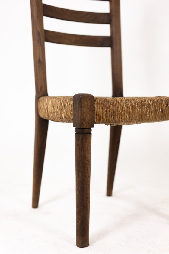 Image 1 of Set of 8 oak straw-seated chairs. 1950s.