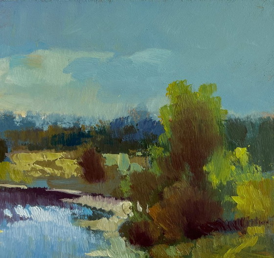 Image 1 of Original Oil Painting Summer River Landscape Sunset clouds over the river