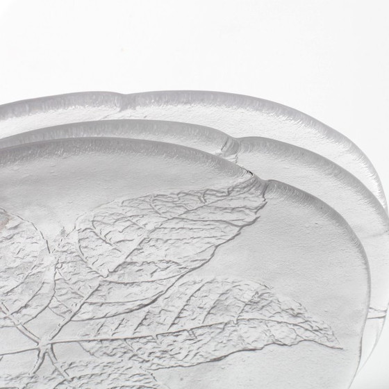 Image 1 of Set van 3 vintage Kosta Boda glazen dinerborden / Scandinavisch bladmotief / 1975