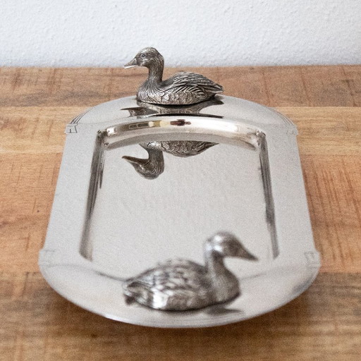 Vintage-Schale aus den 1960er Jahren für französische Foie Gras, versilbert: Griffe in Entenform und (photo 2 of 10)