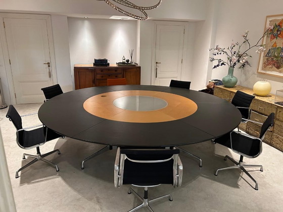 Large round conference table, black leather and wood, Eames, Metal, Modern (photo 5 of 6)