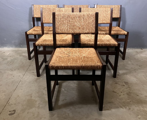 6 wooden chairs rush dark wood vintage