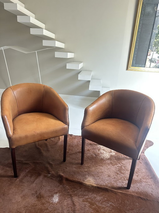 Set van 2 lederen fauteuils in cognackleur – kuipstoelen, Leather