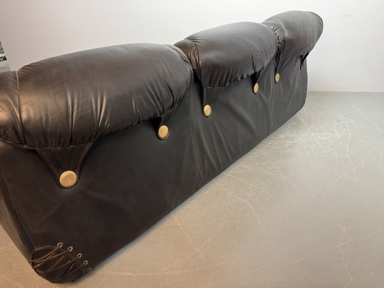 Image 1 of Beautiful Big Black Leather Postmodern Italian Design Space Age 3-Seat Lounge Sofa with Brass Buttons and Playful Cord Lacing