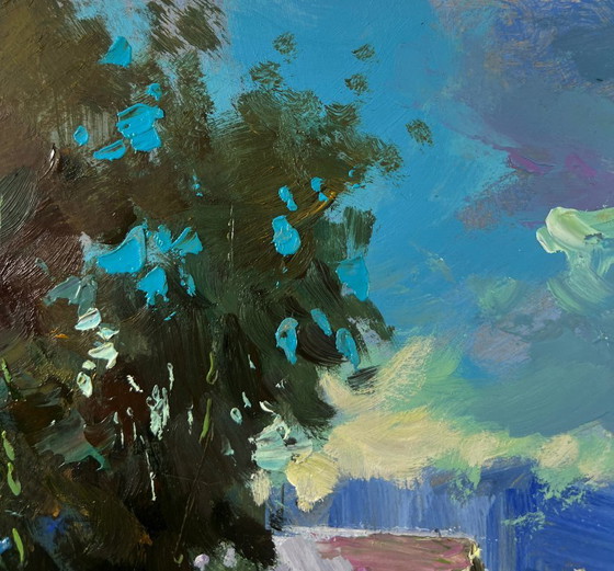 Image 1 of Original Oil Painting Summer Nature Landscape The village beyond the forest