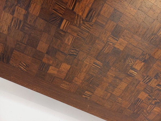 Image 1 of Vintage rectangular coffee table by Dieter Wackerlin in wenge wood mosaic and black metal legs from the 60s/70s