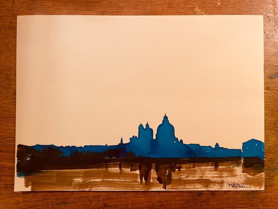 Image 1 of Acuarela bicolor firmada "Crepúsculo sobre Venecia"