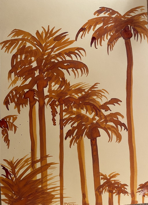 Palmeras de acuarela y sol naciente en Miami