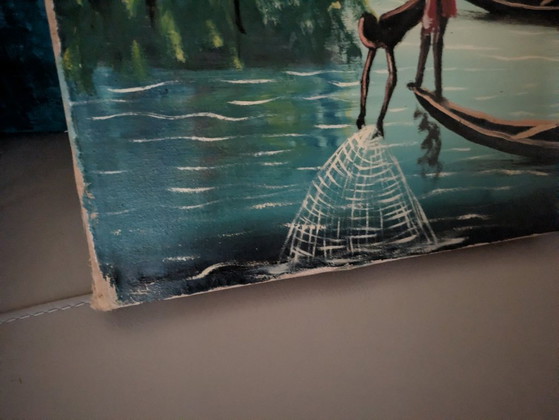 Cuadro al óleo de estilo antiguo de un pueblo de África Occidental sobre lienzo, 86 cm x 52 cm. (photo 8 of 10)