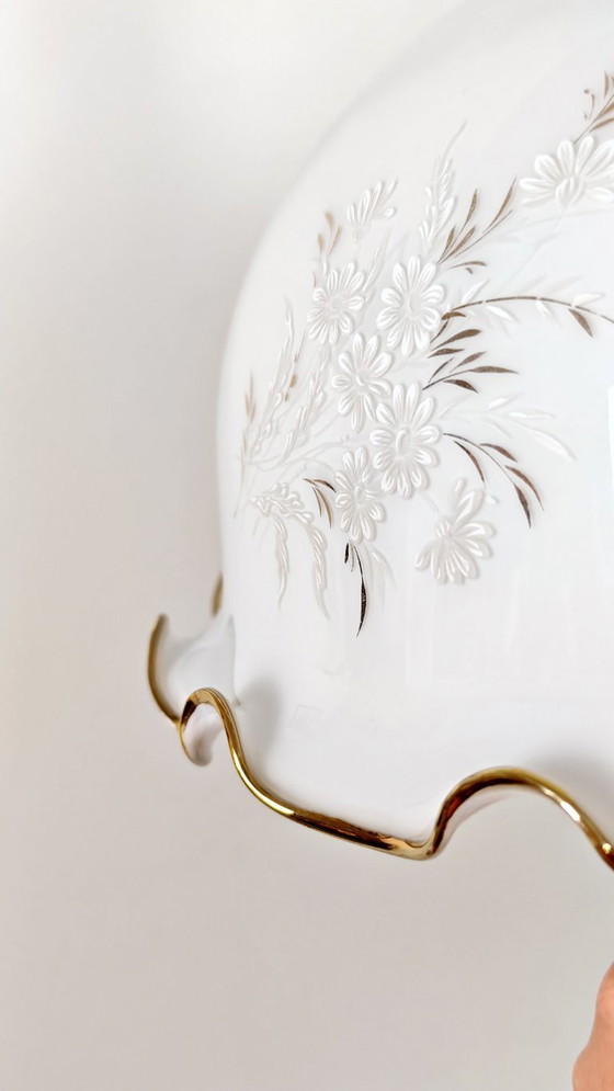 Image 1 of Vintage 1970s Opaline Glass Pendant Light / Mid Century Modern Ceiling Lamp / Scalloped Floral Shade with Wood Brass / 