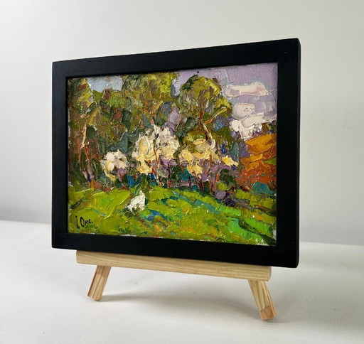 Original Oil Painting Summer Nature Landscape Thorns are blooming
