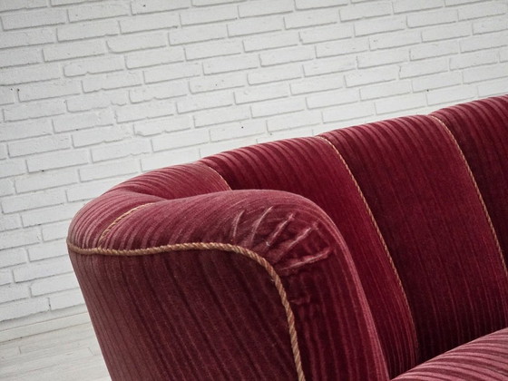 Image 1 of 1960s, Danish 2-seater "Banana" sofa, red furniture velour, oak wood.