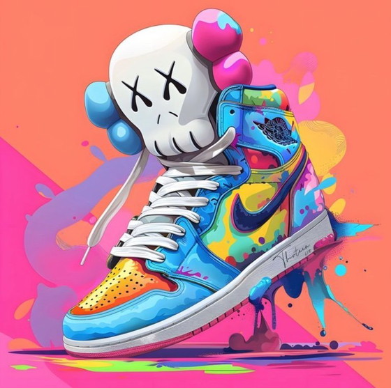 Image 1 of Thirteen: "Nike Jordan by Kaws." Hand-signed, edition 6/10. Glicee on canvas. Includes frame and hanging system. Limited edition