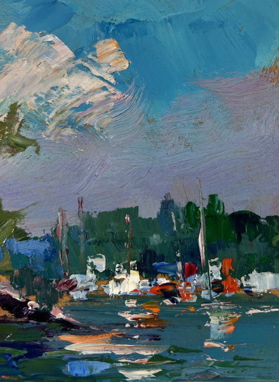Image 1 of Original Oil Painting Coastal Waves Landscape City river in summer