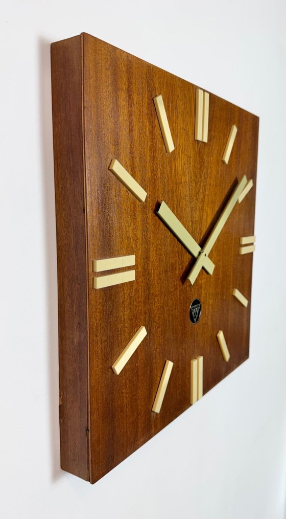 Image 1 of Vintage Brown Wooden Wall Clock from Pragotron, 1980s