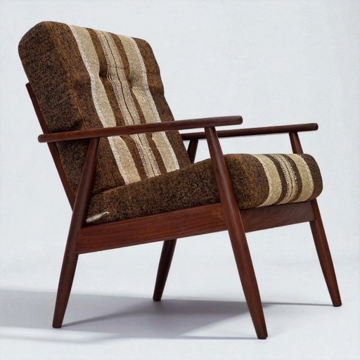 Poltrona danese, anni '70, legno di teak, tessuto di lana per mobili.