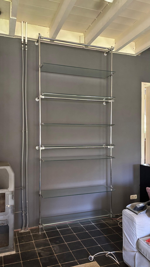 Set Of 2 Wall Shelves; Heavy Chromed With Glass Shelves