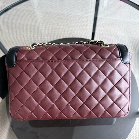 Image 1 of Chanel Chanel Seasonal Two-tone Flap Medium - Quilted Lambskin Dark Burgundy Red Black Gold Hardware Series 21