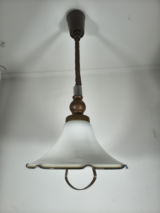 Image 1 of Vintage opal glass pendant lamp with wavy rim (± 1930s–1950s)