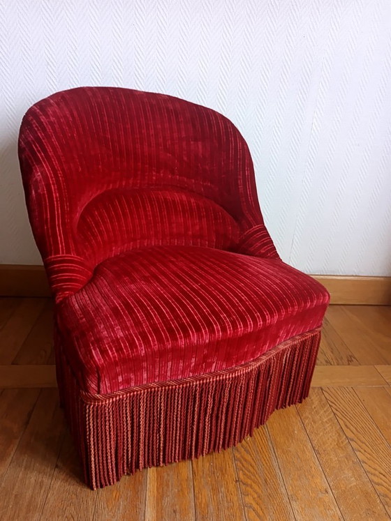 Image 1 of Rode fluwelen paddenstoelfauteuil met franjes