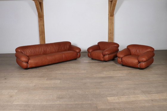 Image 1 of Paar Sesann Lounge Chairs van Gianfranco Frattini in cognac leer voor Cassina Italië 1969