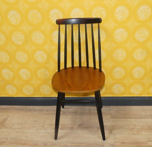 1960s classic ladder-back wooden chair, two-tone kitchen chair, tapiovaara style chair, black and brown