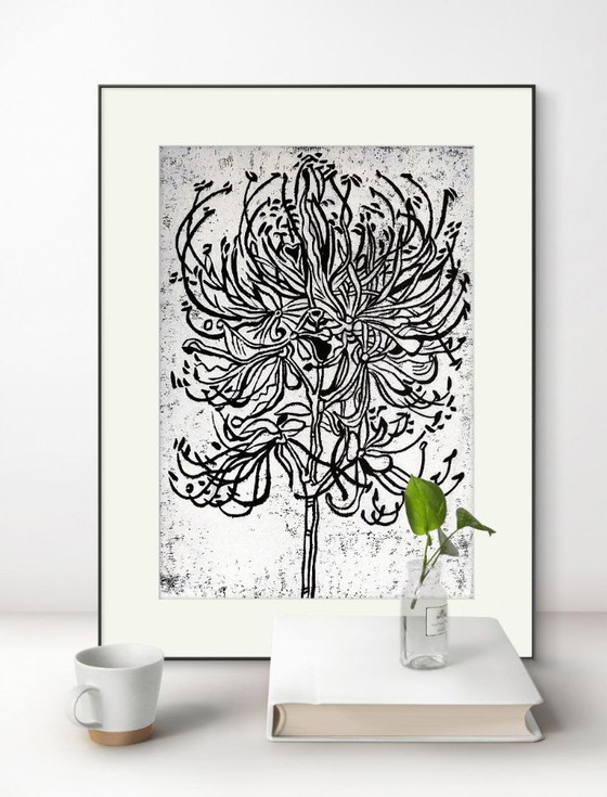Image 1 of Spider Lily Linocut - Impresión botánica en blanco sobre negro