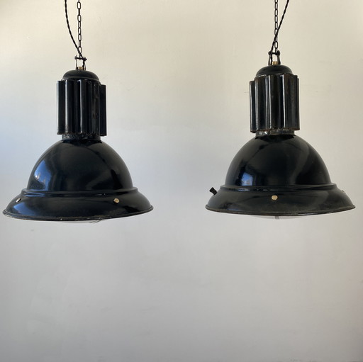 Pair of Antique Industrial Suspension Lights XL 38 cm