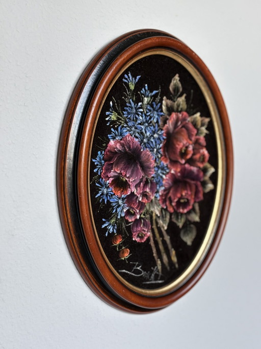 Vibrant Vintage Velvet Floral Painting - Small Oval Wooden Frame with Gold Trim (32x24.5cm)
