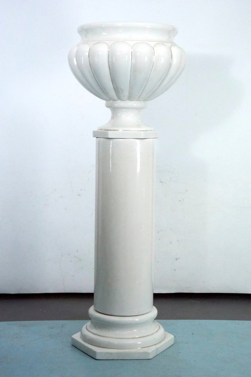 Tommaso Barbi Oversized White Ceramic Vase with Gold Details and Column, Italy 1970s