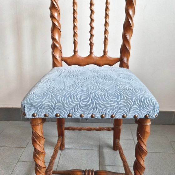 Image 1 of Handcrafted vintage chair from the 1950s in carved wood and velvet, 1950s folk art