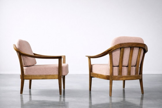 Image 1 of Vintage Mid-Century German Modern Cherry Wood & Dirty Pink Fabric Armchairs from Wilhelm Knoll, 1970s, Set of 2