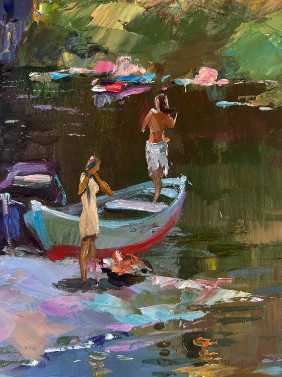 Image 1 of Original Oil Painting Coastal Village Landscape Girls sailing in a boat
