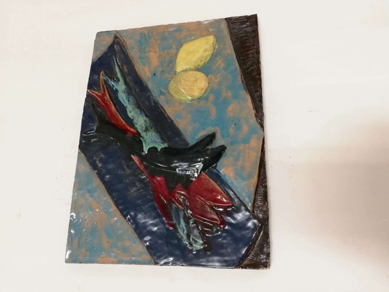 Image 1 of Enamelled terracotta plate, with fish and lemon