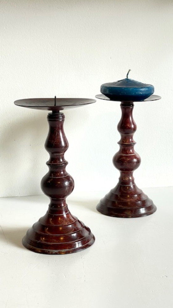 Image 1 of Vintage Patinated Metal Candlesticks