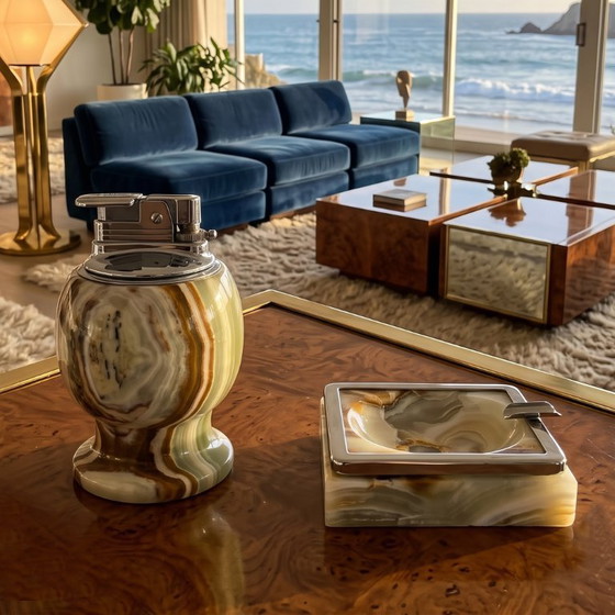 1960s Mid-Century Modern Italian Onyx Smoking Set with Table Lighter & Ashtray – Decorative Objects, Marble (photo 3 of 8)