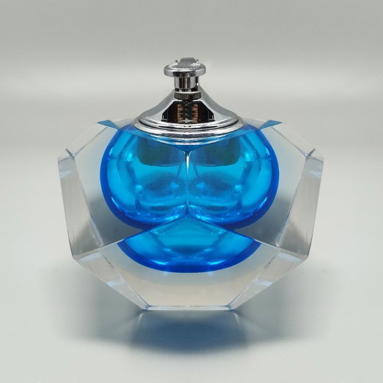 Image 1 of Schitterende blauwe tafelaansteker uit de jaren 60, gemaakt van Murano Sommerso-glas door Flavio Poli voor Seguso.