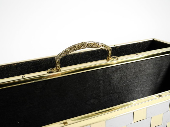 Image 1 of Extraordinary 1980s newspaper rack made of brass and wood in Hollywood Regency design