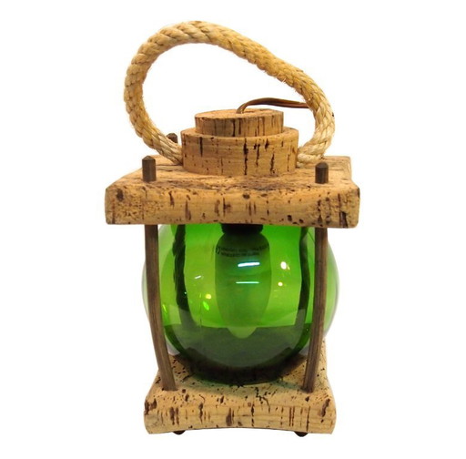 French Mid Century Nautical Lantern Table Lamp, Mediterranean Cork & Smoked Glass Light, 1960s Coastal Design, Vintage Sea Decor