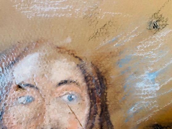 Image 1 of A female portrait painting created on old, worn, honeycomb-patterned cardboard packaging.