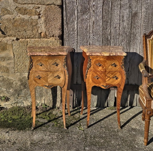 Pair of 2 French Vintage Marquetry Nightstands-Set of 2 Marble & Wood Bedside Tables-Style Louis XV - 70s