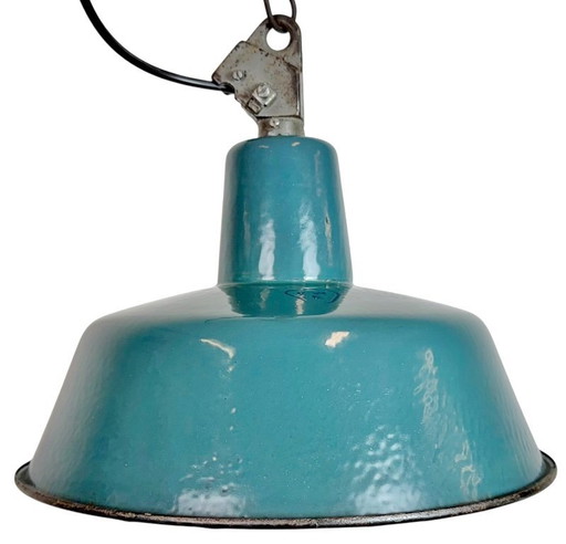 Industrial Petrol Enamel Factory Lamp with Cast Iron Top, 1960s