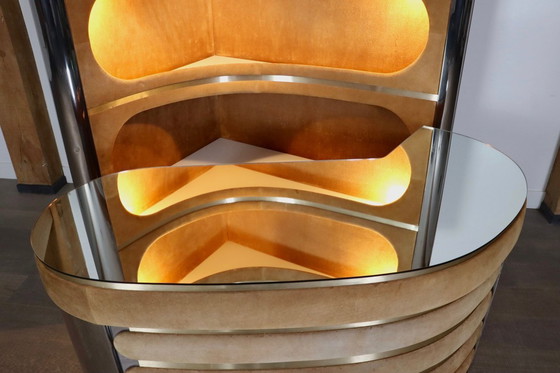 Image 1 of Suede And Chrome Dry Bar With Barstools In Cognac By Willy Rizzo, Italy 1970s