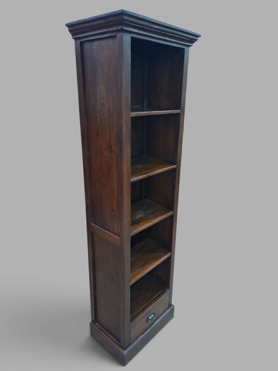 Classic narrow teak wood bookcase dimensions: 59x37cm and 190cm high. – Metal (photo 5 of 6)