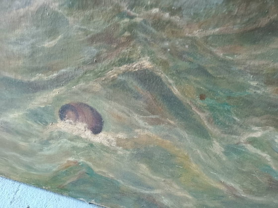 Image 1 of Oud, groot olieverfschilderij op canvas, zeegezicht, gesigneerd 1965.