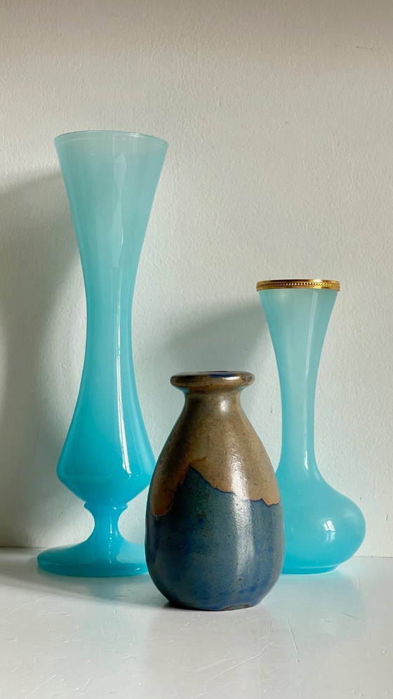 Image 1 of 3 VASES Bleus en GRES et Verre OPALIN Vintage